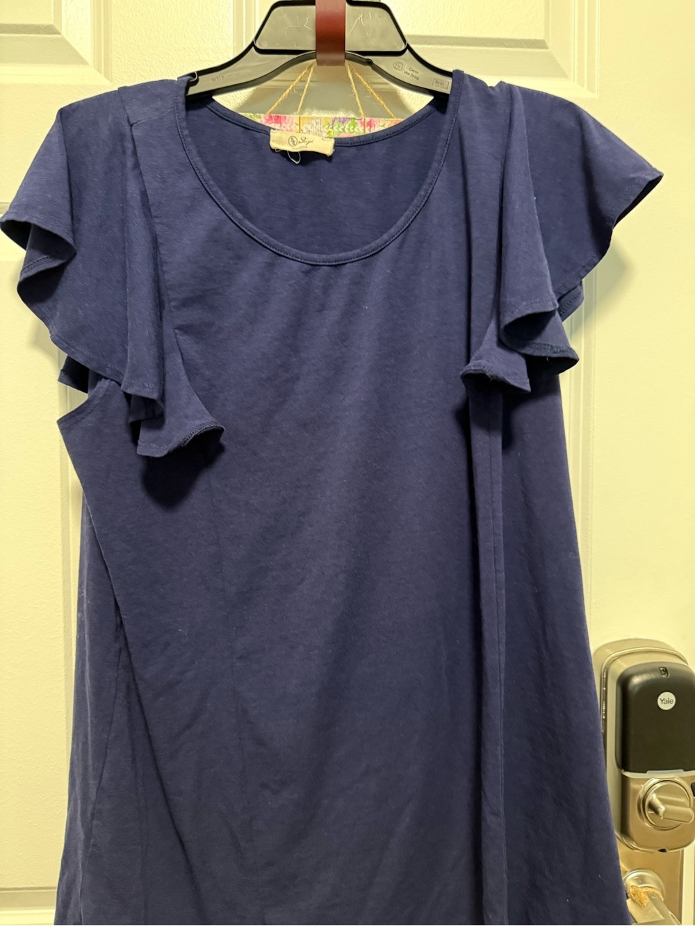 BE STAGE Navy Ruffle Sleeve Scoop Neck Top
NWOT